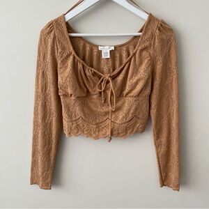 Kirious Los Angeles Tan Nude Eyelet Lace Blouse with Tie-Front Babydoll Crop Top